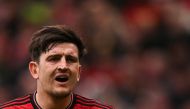 Manchester United's English defender #05 Harry Maguire reacts during the English Premier League football match between Manchester United and Burnley at Old Trafford in Manchester, north west England, on April 27, 2024. (Photo by Oli SCARFF / AFP)