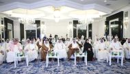 Speaker of the Shura Council H E Hassan bin Abdulla Al Ghanim (fourth left); Deputy Speaker of the Shura Council H E Dr. Hamda bint Hassan Al Sulaiti (sixth left); Minister of Culture H E Sheikh Abdulrahman bin Hamad Al Thani (second left); Minister of State and QNL President, H E Dr. Hamad bin Abdulaziz Al Kawari (fifth left); and other officials during the seminar in Doha yesterday.