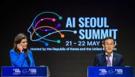 Britain's Secretary of State for Science, Innovation and Technology Michelle Donelan listens as South Korea's Minister of Science and ICT, Lee Jong-ho speaks during a press briefing following the ministers' session of the AI Seoul Summit at the Korea Institute of Science and Technology (KIST) in Seoul on May 22, 2024. Photo by ANTHONY WALLACE / AFP.