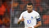 France's forward Kylian Mbappe reacts during the Euro 2024 qualifying football match between the Netherlands and France at the Johan Cruijff ArenA in Amsterdam on October 13, 2023. Photo by JOHN THYS / AFP