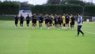 Palestine players take part in a training session in Doha.