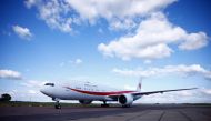 A plane carrying Japan's Emperor Naruhito and Empress Masako lands at Stansted Airport, northeast of London, on June 22, 2024. (Photo by BENJAMIN CREMEL / AFP)
