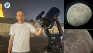 Amro Mahmoud Fathi Attia with his telescope at Souq Waqif. Right: Screenshots of the moon captured through his telescope. All pictures by Marivie Alabanza / The Peninsula