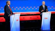 US President Joe Biden and former US President and Republican presidential candidate Donald Trump participate in the first presidential debate of the 2024 elections at CNN's studios in Atlanta, Georgia, on June 27, 2024. (Photo by ANDREW CABALLERO-REYNOLDS / AFP)

