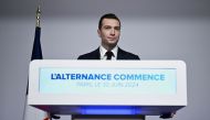 French far-right Rassemblement National (RN) political party President and lead MEP Jordan Bardella gives a speech during the results evening of the first round of the parliamentary elections in Paris on June 30, 2024. (Photo by JULIEN DE ROSA / AFP)
