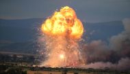This photograph shows an explosion of fireworks factory depot on the outskirts of Sofia on July 25, 2024. Photo by DIMITAR KYOSEMARLIEV / AFP