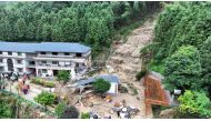 An aerial drone photo taken on July 28, 2024 shows the landslide site in Yuelin Village of Shouyue Town in Hengyang City, central China's Hunan Province. Xinhua/Chen Zhenhai