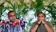 Sri Lanka's tourism minister Harin Fernando and labour minister Manusha Nanayakkara (L) attend a press conference in Colombo on August 9, 2024, shortly after they were sacked over defection. (Photo by Ishara S. KODIKARA / AFP)
