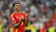 (FILES) Spain's forward Lamine Yamal celebrates at the end of the UEFA Euro 2024 semi-final football match between Spain and France at the Munich Football Arena in Munich on July 9, 2024. (Photo by MIGUEL MEDINA / AFP)