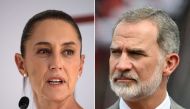 This combination of file pictures created on September 25, 2024 shows Mexico's President-elect Claudia Sheinbaum speaking during a press conference after a private meeting with a US delegation in Mexico City on June 11, 2024, and Spain's King Felipe VI arriving at San Salvador's international airport on May 31, 2024, to attend the inauguration of President Nayib Bukele. (Photo by Marvin Recinos and Yuri Cortez/ AFP)
