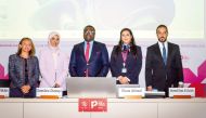 Ambassador and Permanent Representative of the State of Qatar to the United Nations Office in Geneva H E Hend Al Muftah (second left), Director of the Office of the State of Qatar to the WTO and other economic organizations in Geneva, Ahmed Al Sulaiti, (right); with Professor and Unesco Chairholder on Environmental Law and Sustainable Development at HBKU, Dr. Damilola S. Olawuyi (SAN) (centre); and other officials at the event.
