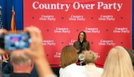 US Vice President and Democratic presidential candidate Kamala Harris speaks at a Republicans for Harris event in Scottsdale, Arizona, October 11, 2024. (Photo by Rebecca NOBLE / AFP)
