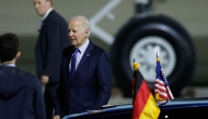 US President Joe Biden is pictured upon arrival at Berlin-Brandenburg Airport (BER) in Schoenefeld, southeast of the German capital, late on October 17, 2024. (Photo by Odd Andersen / AFP)