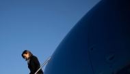 US Vice President and Democratic presidential candidate Kamala Harris steps off Air Force Two upon arrival at Philadelphia International Airport in Philadelphia, Pennsylvania, October 20, 2024. (Photo by Brendan Smialowski / AFP)
