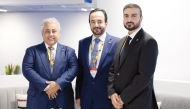 CEO of Qatar Media Corporation H E Sheikh Abdulaziz bin Thani Al Thani (centre); CEO of Media City Qatar Eng Jassim Mohamed Al Khori (right) and Ambassador of Qatar to France H E Sheikh Ali bin Jassem Al Thani at MIPCOM in Cannes.