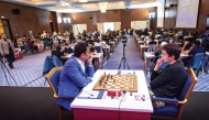 Indian Grandmaster Surya Shekhar Ganguly (left) and Andrey Esipenko, competing under the FIDE flag, during their Qatar Masters Open Round 3 match yesterday.