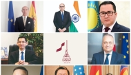 Clockwise from top left: Spain Ambassador to Qatar H E Javier Carbajosa Sanchez, India Ambassador to Qatar H E Vipul, Kazakhstan Ambassador to Qatar H E Arman Issagaliyev, Malta Ambassador to Qatar H E Simon Pullicino, Vietnam Ambassador to Qatar H E Nguyen Huy Hiep, Uzbekistan Ambassador to Qatar H E Ashraf Khodjaev, Ukraine Ambassador to Qatar H E Andrii Kuzmenko and Thailand Ambassador to Qatar H E Sira Swangsilpa