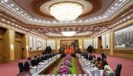 Sri Lankan President Anura Kumara Dissanayake (5th R) speaks during a meeting with Chinese President Xi Jinping at the Great Hall of the People in Beijing on January 15, 2025. (Photo by Aaron Favila / POOL / AFP)