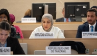 Chairperson of the National Human Rights Committee H E Maryam bint Abdullah Al Attiyah speaking at the event in Geneva.