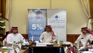 Chairman of the Board of Directors, Jamal Abdulla Ahmad Al Jamal, Member of the Board of Directors, Sheikh Turki bin Khalid Al Thani and President of the Group, Ali Ibrahim Al Abdulghani during the Annual General Assembly meeting, yesterday.
