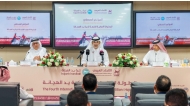 FROM LEFT: Qatar Handball Federation President Ahmed Mohammed Al Shaabi, AUCR President Abdullah bin Mohammed Al Sheikh Al Kuwari and AUCR Secretary-General Dr Hazam Al Maqarih during a press conference yesterday.