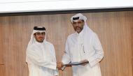 Aqarat Chairman, Eng. Khalid bin Ahmed Al Obaidli and the CEO of JMJ Group Holding, Sheikh Jabor bin Mansour Jabor Al Thani during the press conference, yesterday.
