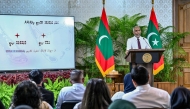 This handout photograph taken and released by the Maldives President Office on May 3, 2025 shows Maldives President Mohamed Muizzu speaking during a marathon press conference in Male. (Photo by Maldives President Office / AFP) 