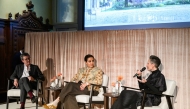 Chairperson of Qatar Museums H E Sheikha Al Mayassa bint Hamad bin Khalifa Al Thani during a discussion at La Biennale Di Venezia in Venice.