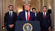 US President Donald Trump addresses the nation, alongside US Vice President JD Vance (L), US Secretary of State Marco Rubio (2nd R) and US Secretary of Defense Pete Hegseth (R), from the White House in Washington, DC on June 21, 2025. (Photo by Carlos Barria / Pool/ AFP)