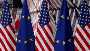 This picture shows flags prior to an EU - US summit at the European Union headquarters in Brussels on June 15, 2021. Photo by Kenzo Tribouillard / AFP