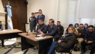 Argentine Patricia Kadgien (R), daughter of SS financial guru Friedrich Kadgien, one of several high-ranking Nazis to escape to Argentina after the war, and her husband, Juan Carlos Cortegoso (3-L), attend a hearing after being arrested in Mar del Plata, Buenos Aires province, on September 4, 2025. (Photo by AFP)
