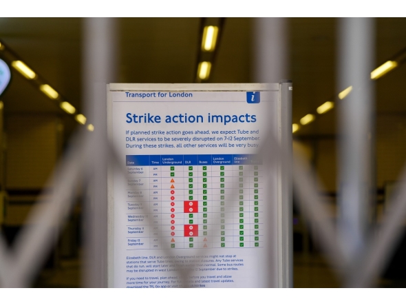 This photo taken on Sept. 8, 2025 shows the locked entrance gate of Baker Street Station on the London Underground with a notices of strike posted inside the station in London, Britain. (Xinhua/Wu Lu)
