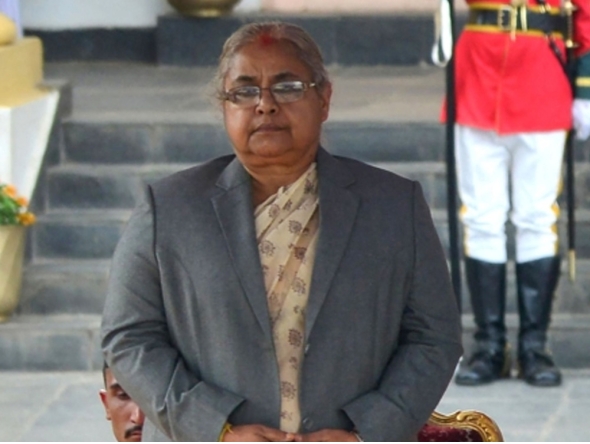 (FILES) Nepal's Chief Justice Sushila Karki attends the swearing-in ceremony of the country's newly elected Prime Minister Pushpa Kamal Dahal (not pictured) at the President House in Shital Niwas in Kathmandu on August 4, 2016. (Photo by Prakash MATHEMA / AFP)
