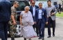Newly-elected Prime Minister of Nepal痴 interim government Sushila Karki (2L) arrives at the Civil Service Hospital to visit victims injured during clashes with security personnel, in Kathmandu on September 13, 2025. (Photo by Prabin RANABHAT / AFP)
