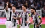 Juventus' Montenegrin midfielder #17 Vasilije Adzic (2nd L) celebrates with Juventus' French midfielder #19 Khephren Thuram-Ulien (L) after scoring his team fourth goal during the Italian Serie A football match between Juventus and Inter Milan at the Allianz stadium in Turin, northern Italy, on September 13, 2025. (Photo by MARCO BERTORELLO / AFP)

