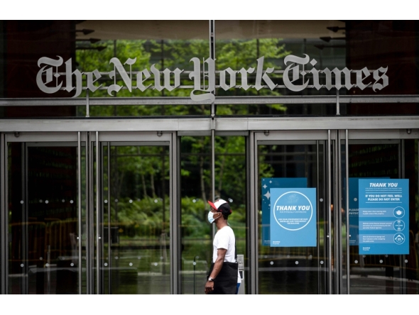 The New York Times building is seen on June 30, 2020 in New York City. (Photo by Johannes EISELE / AFP)