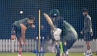 Pakistan's Haris Rauf bowls during a practice session at the International Cricket Council (ICC) Academy in Dubai on September 16, 2025, ahead of their Asia Cup 2025 Twenty20 international cricket match against the UAE. (Photo by Sajjad Hussain / AFP)
