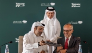 Founder and CEO of Snoonu, Hamad Mubarak Al-Hajri and President of Higher Education and Education Advisor, Qatar Foundation, Francisco Marmolejo at the signing  event. 