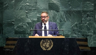 San Marino's Foreign and Political Affairs Minister Luca Beccari addresses the United Nations General Assembly at UN headquarters in New York City on September 27, 2025. (Photo by Charly Triballeau / AFP)
