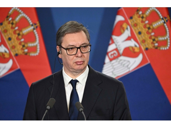 File: Serbian President Aleksandar Vucic listens during a joint press conference with the Hungarian Prime Minister at the Prime Minister's Office at Buda Castle in Budapest, Hungary, on February 17, 2025. (Photo by Attila Kisbenedek / AFP)