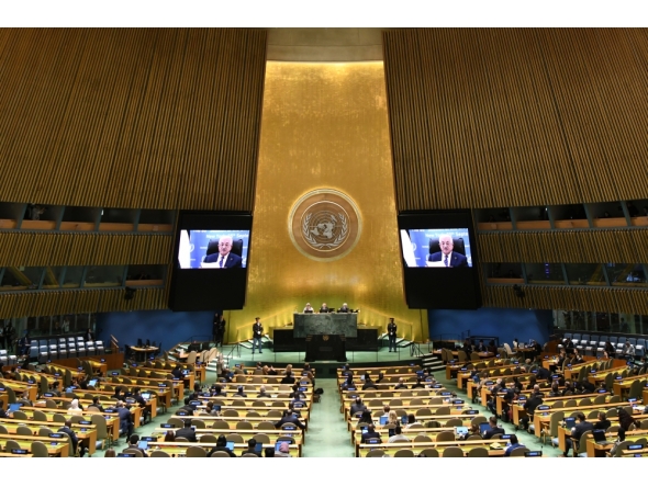 Palestinian President Mahmoud Abbas delivers a speech via video link during the General Debate of the 80th session of the United Nations General Assembly (UNGA) at the UN headquarters in New York, on September 25, 2025. (Xinhua/Li Rui)
