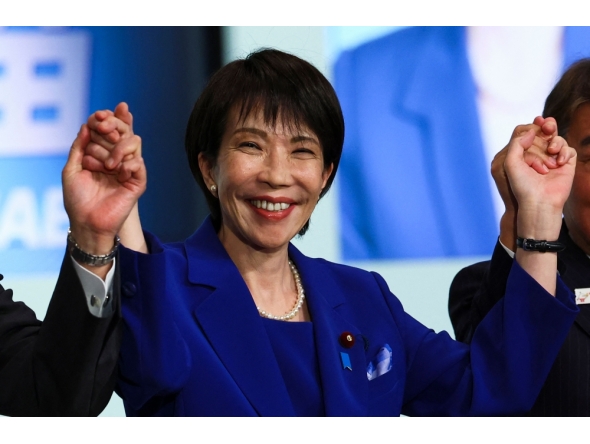 Newly-elected Liberal Democratic Party (LDP) leader Sanae Takaichi celebrates after winning the LDP leadership election in Tokyo on October 4, 2025. (Photo by Kim Kyung-Hoon / POOL / AFP)