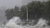 This photo taken on Oct. 5, 2025 shows high waves in a seashore area of Haikou, south China's Hainan Province. Xinhua/Guo Cheng