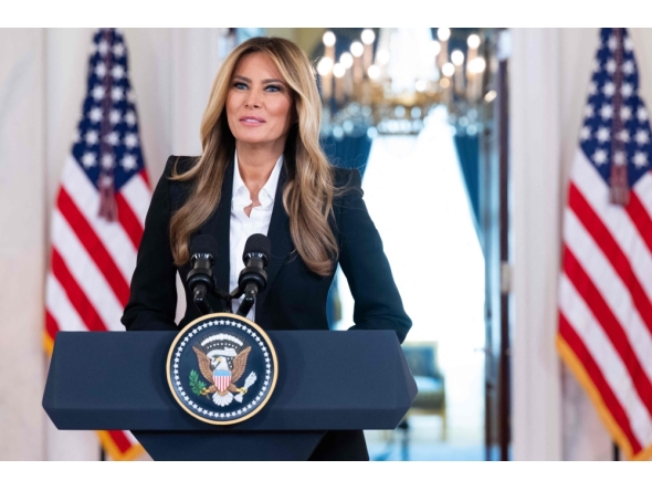 US First Lady Melania Trump speaks about communication with Russian President Vladimir Putin regarding the fate of Ukrainian children, in the Grand Foyer of the White House in Washington, DC, on October 10, 2025. (Photo by Saul Loeb / AFP)