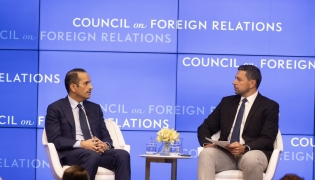 Prime Minister and Minister of Foreign Affairs H E Sheikh Mohammed bin Abdulrahman bin Jassim Al Thani speaking in a session organised by the Council on Foreign Relations.