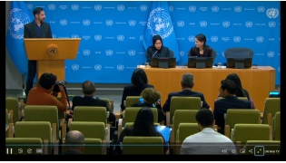 Permanent Representative of Qatar to the United Nations H E Sheikha Alya bin Saif Al Thani with President of the 80th session of  UN General Assembly Annalena Baerbock during the press conference.