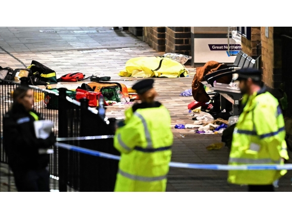 Paramedics medical equipment is pictured inside a police cordon outside Huntingdon Station in Huntingdon, eastern England, on November 1, 2025, following a stabbing on a train. Photo by Justin Tallis / AFP