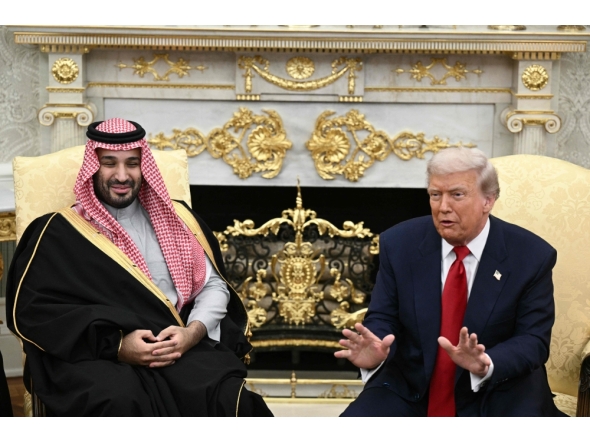 US President Donald Trump meets with Crown Prince and Prime Minister of the Kingdom of Saudi Arabia Mohammed bin Salman in the Oval Office of the White House in Washington, DC on November 18, 2025. Photo by Brendan Smialowski / AFP