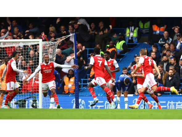 FILE PHOTO: Arsenal's Gabriel Magalhaes celebrates scoring their goal with teammates during the EPL match against Chelsea at Stamford Bridge, London, on November 6, 2022. REUTERS/Hannah Mckay
