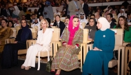 Chairperson of the Education Above All Foundation H H Sheikha Moza bint Nasser;  Vice Chairperson of Qatar Foundation H E Sheikha Hind bint Hamad Al-Thani; First Lady of Syria H E Latifa Al Droubi; the First Lady of Lebanon H E Nehmat Aoun at a high level plenary session during WISE 12, yesterday. 
